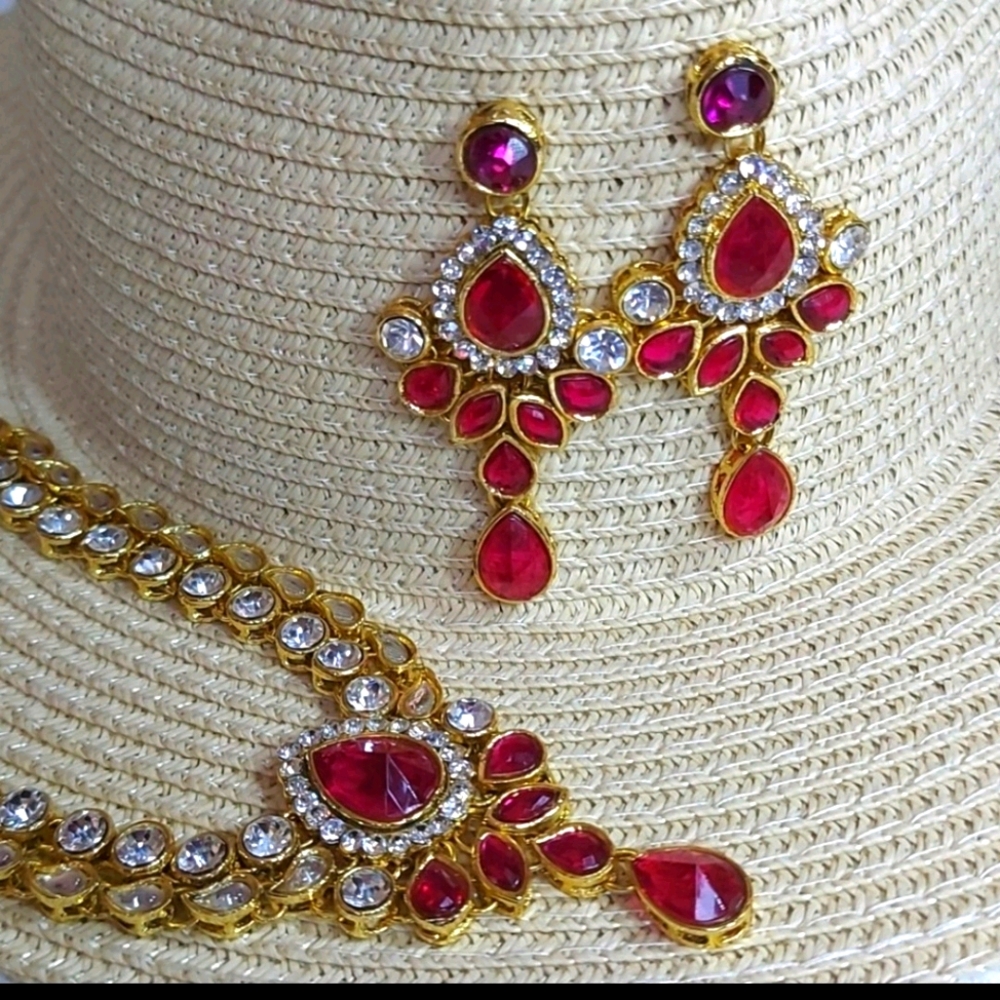 Gold Plated Hot Pink Choker Set with earrings